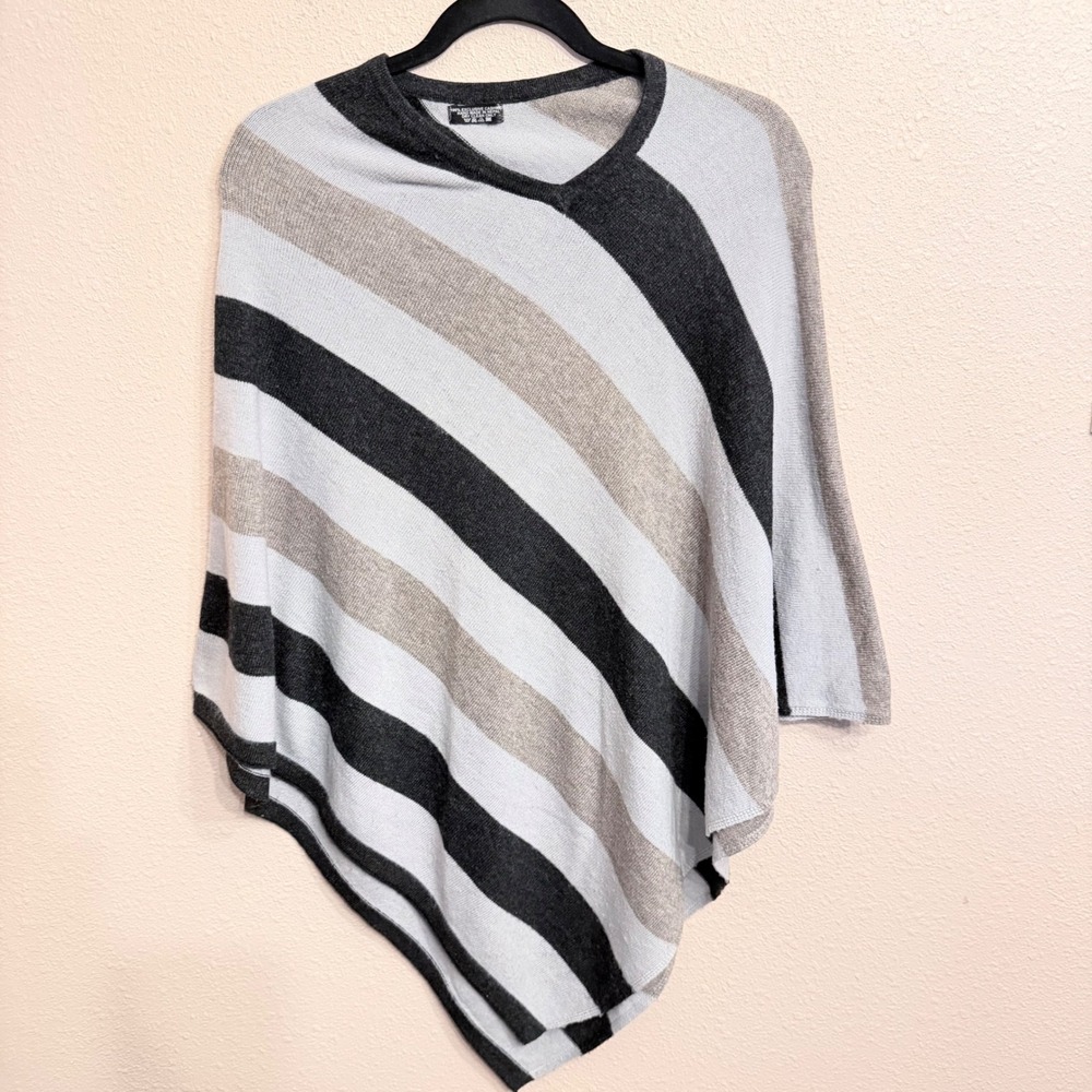 Handmade Nepal 100% Cashmere Striped Poncho Wrap Grey Charcoal V-Neck One Size